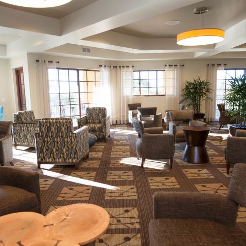 A well-lit hotel lobby with comfy chairs, round tables, potted plants, large windows, and a cozy seating layout for relaxed conversations.